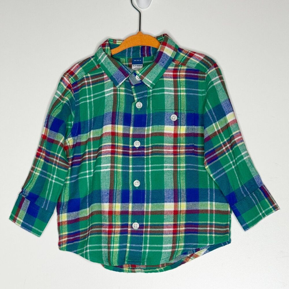 Old Navy Cozy Long-Sleeve Plaid Pocket Shirt Baby Toddler Boys Size 18-24 Months